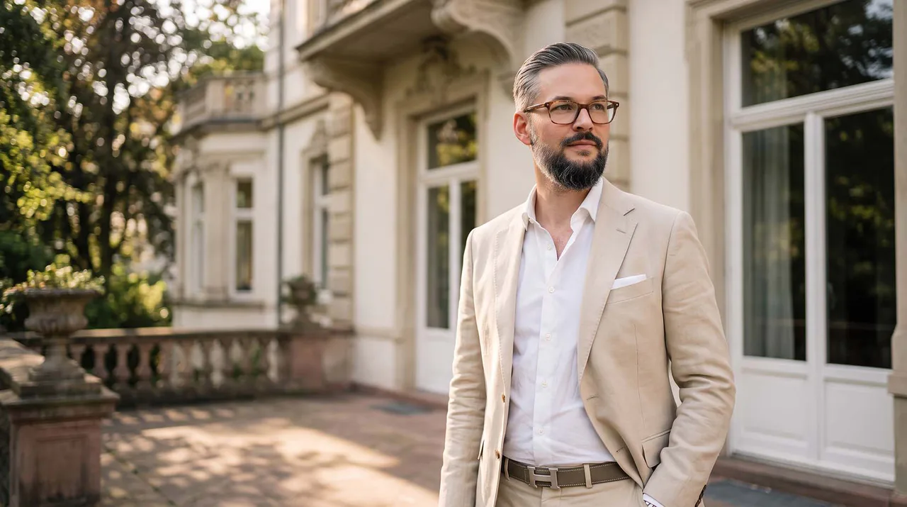 Marc Härter im hellen Anzug auf der Terrasse einer historischen Villa