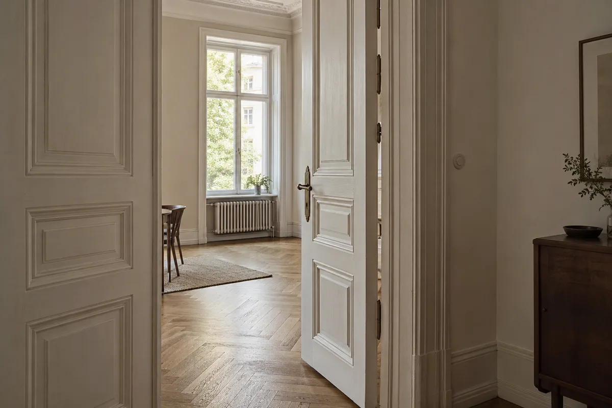 Blick durch historische Flügeltüren in eine Altbauwohnung mit Parkett